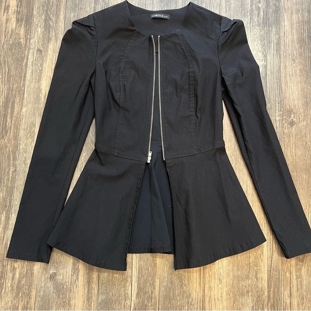 The Vintage Shop Women Black Collarless Zipped Peplum Hem Jacket. Size S